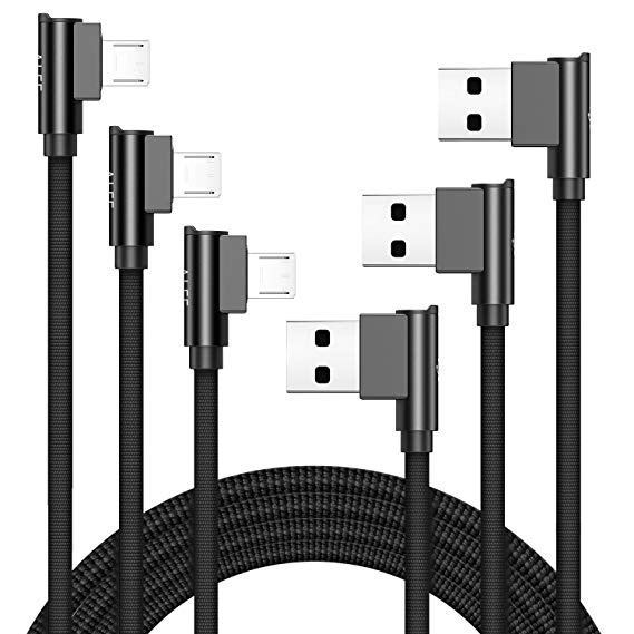 Aimus Micro USB Charger Cable, 3 Pack 6FT Nylon Braided Gaming Charging Cable 90 Degree Right Angle Data Cable Charging Cord for Android, Samsung, Galaxy S8/S7/S6/S5, Moto G5, HTC, LG- Black