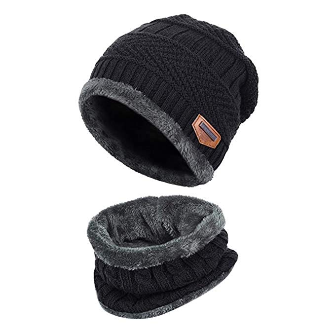 Winter Hat Hat and Scarf Sets for Men & Women Fall/Winter Hat Double Layered Warm Knitted with Nap Cloth Ski Outdoor Sports Unisex Chunky Soft Thicken Crochet Knit Skull Cap Hat Beanie Snood (Black)