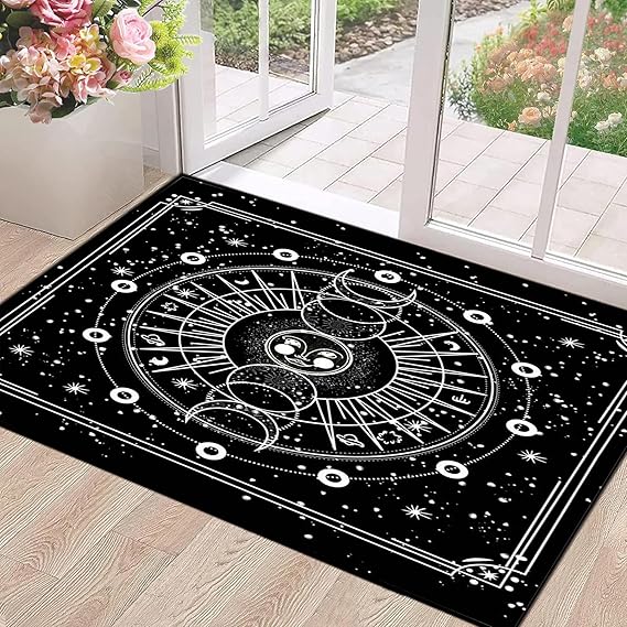 Sun and Moon Rug Boho Celestial Area Rugs for Bedroom Dorm Living Room Bohemian Occult Crescent Solar Stars Galaxy Floor Mat Pad Doormat,47" X 31",Black