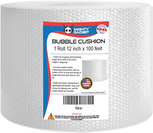 Mighty Gadget 100 feet Small Bubble Cushioning Wrap Perforated Every 12” for Moving, Shipping, and Packing Wrap for Extra Protection of Fragile Items: Glassware, Porcelain Dishes, Ceramics, Ornaments