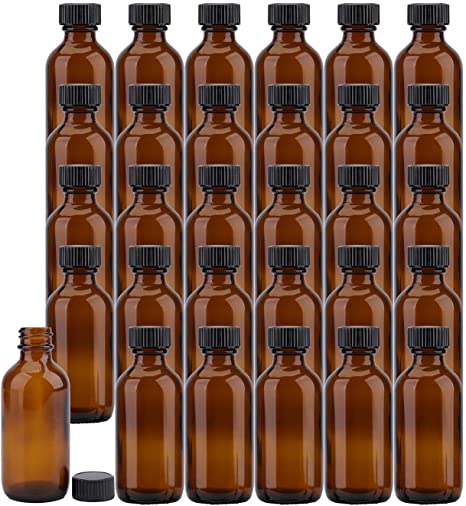 Bekith 30 Pack 2 oz Boston Round Glass Bottle with Black Caps, Amber