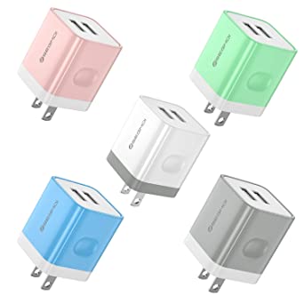 USB Wall Charger,SEGMOI 5-Pack ETL Certified 5V/2.4A 12W Dual Port USB Wall Plug in,Portable Colored USB Charging Block/Cube Compatible with iPhone 11 Pro Max/XS/XR/X/8/7/6/5 Plus SE iPad mini Air Pro (5Pack-Rose Gold/Green/White/Blue/Gray)