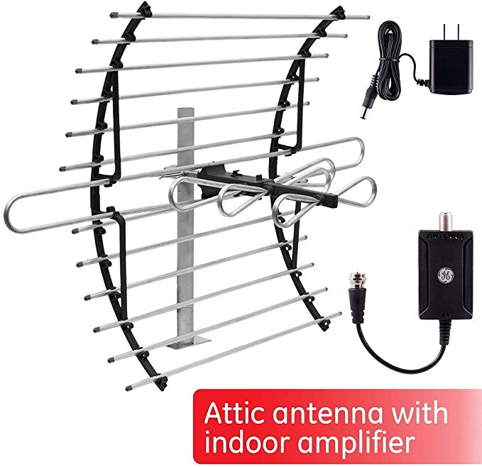 GE Pro Attic Mount TV Antenna   Indoor Antenna Amplifier, Long Range Directional Antenna, HDTV Digital VHF UHF, Mounting Pole Included, Low Noise Signal Booster, AC Power Adapter