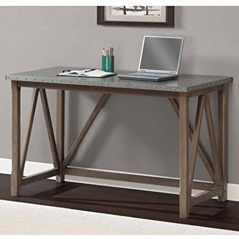 Zinc Top Bridge Desk - The Contemporary Design of This Desk Compliments Any Room: Office, Home, Hall, Study, Living Room or Apartment. Sturdy Grey Desk That Is Built to Last. Wood Table for Writing or Laptop or Desktop Computer. Spacious Grey Stylish Top.