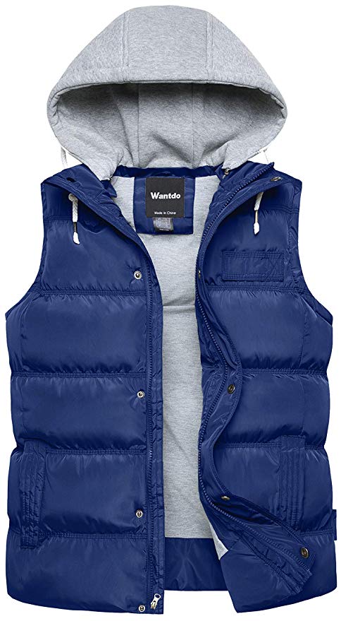Wantdo Men's Winter Puffer Vest Removable Hooded Quilted Warm Sleeveless Jacket Gilet