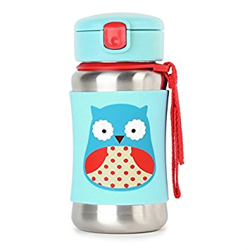 Skip Hop Baby Zoo Little Kid and Toddler Feeding Travel-To-Go Insulated Stainless Steel Straw Bottle, 12 oz, Multi Otis Owl