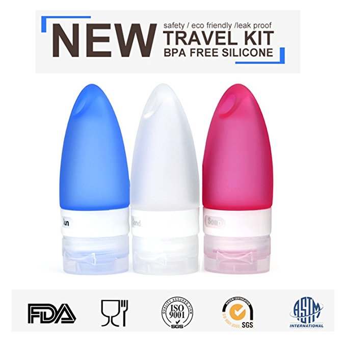 3 Pack-FNSHIP Portable Food Grade Squeeze Silicone Liquid Travel Bottles TSA Approved Carry On Shampoo, Conditioner, Lotion, Toiletries(3.3OZ Pink  Clear   Blue)