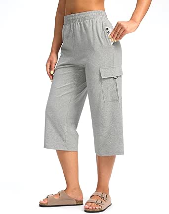 Women's Capri Pants with 4 Pockets Soft Cotton Stretch Cropped Pants Loose Cargo Capris for Women Yoga Casual