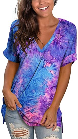 liher Women's Tshirts Casual V Neck Short Sleeve Loose Summer Tunic Tops