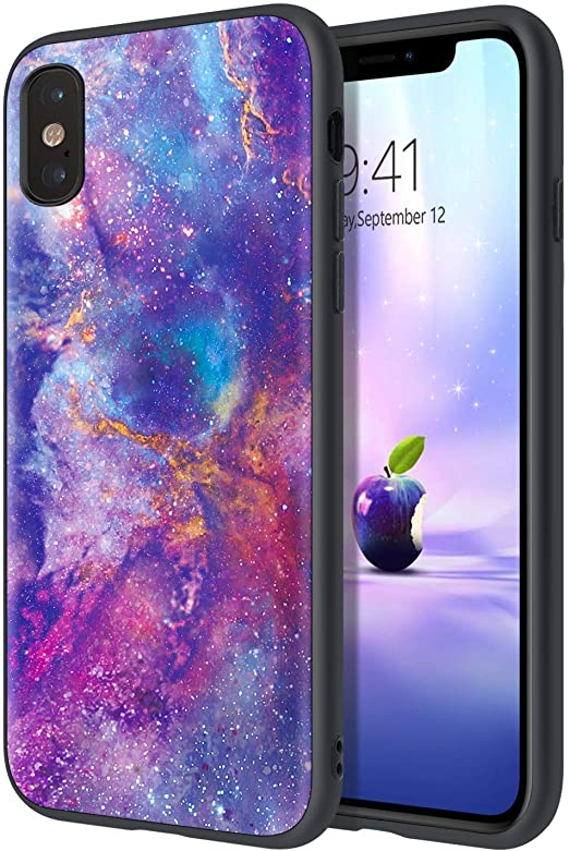 iPhone X Case, iPhone Xs Case, DUEDUE Glow in The Dark Nebula Galaxy Design Slim Hybrid Hard PC Cover Shockproof Anti Slip PU Leather Full Protective Phone Case for iPhone X/Xs, Purple/Black