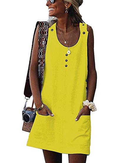 ThusFar Women's Button Mini Dress - Casual Sleeveless Crew Neck Tank Sundress with Pocket