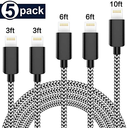 KRISLOG MFi Certified iPhone Charger, Lightning Cable 5Pack-3/3/6/6/10ft Durable High Spped Nylon Braided USB Fast Charging&Syncing Cord Compatible iPhone Xs MAX XR 8 8 Plus 7 7 Plus 6s 6s Plus More