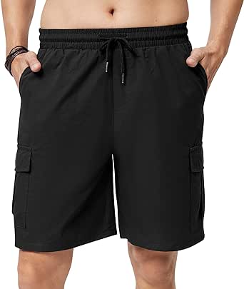 Men's Cargo Shorts Casual Elastic Waist Drawstring Lightweight Cotton Shorts with 5 Pockets for Athletic Camping