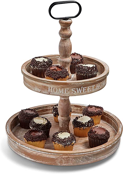 Sweet Home - Two Tier Serving Tray - Farmhouse Kitchen Display - Cupcake Stand - Rustic Wood - Sweet Printed Phrase - Fruit Basket - Coffee Table Decor - Creative Centerpieces - Round 2 Tier