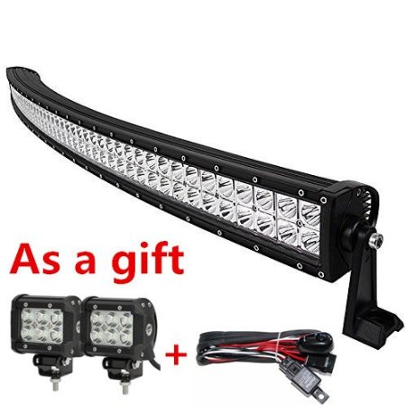 EasyNew® 32" Inch 180W 10-30V Curved LED Work Light Bar IP68 Waterproof Flood Spot Combo Beam for Offroad SUV UTE ATV Truck with 2PCS 18W LED work lights and Wiring Harness and Mounts