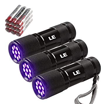 LE 9 LEDs UV Flashlight, 395nm, Ultra Violet LED Black Light, AAA Batteries Included, Pet Urine Detector for Stains on Clothe Carpet Rugs and more, Pack of 3