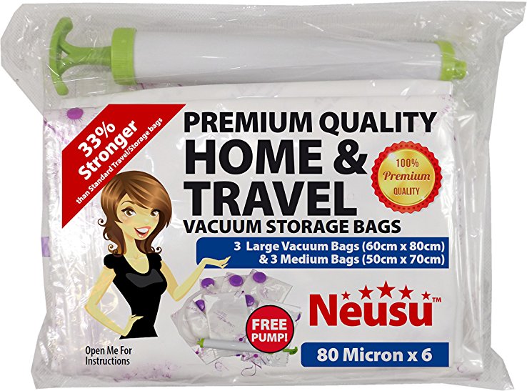 Neusu Home & Travel Premium Quality Vacuum Storage Bag Saver Pack With Free Hand Pump – 6 x 80 Micron Premium Vacuum Bags (3 L 60cm x 80cm & 3 M 50cm x 70cm)