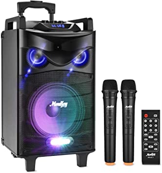 Moukey Portable PA Speaker System Karaoke Machine Power 200W 12" with Wireless Microphones VHF Aux and DJ Light Effect for MP3 Phone TV, MTs12-1