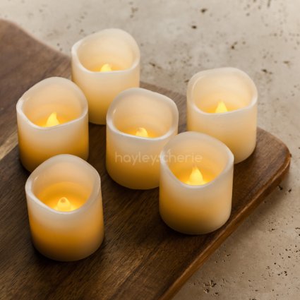 Hayley Cheriereg - LED Wax Candles with Timer Set of 6 - Flameless 2quot x 2quot Ivory Candles - Flickering Amber Yellow Flame - Battery Operated - Wedding Decor Parties Gifts