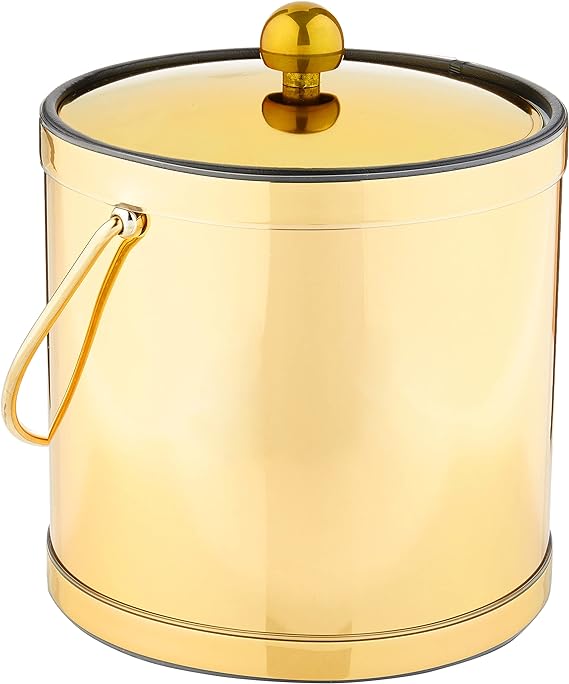 Kraftware Mylar Ice Bucket Polished Brass Color with Metal Lid, Double Wall Construction, Made in U.S.A.