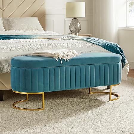 HULALA HOME Velvet Storage Bench with 2 Additional Ottoman, Modern Upholstered Flip Top Long Storage Bench with Golden Metal C-Shaped Legs for Living Room/Bedroom/Entryway,Teal