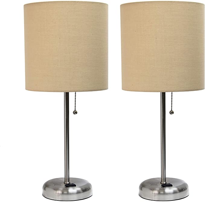 Brushed Steel Stick Lamp with Charging Outlet and Tan Fabric Shade 2 Pack Set