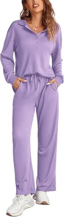 Ekouaer Waffle Knit Pajamas Set for Women 2 Piece Outfits Long Sleeve Button Top and Wide Leg Pant with Pockets Loungewear