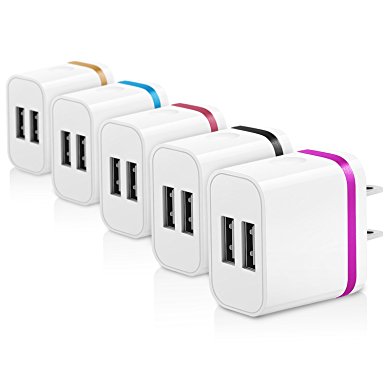 Wall Charger, 5 Pack Colorful Universal Canjoy Dual USB Ports Power Portable Adapter with 2.0A/10W Plug Outlet for iPhone 7/ 6S /Plus, iPad, Samsung Galaxy (Black/Orange/Rose/Blue/Rose-Golden)