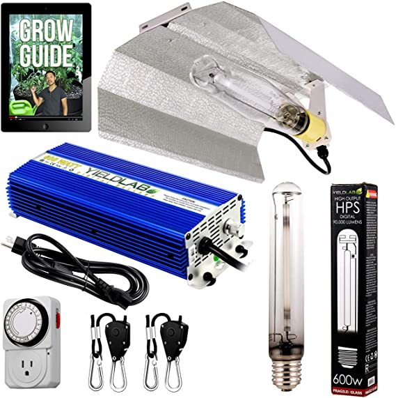 Yield Lab Horticulture 600w HPS Grow Light Wing Reflector Kit Easy Setup Full Spectrum System for Indoor Plants and Hydroponics – Free Timer and 12 Week Grow Guide DVD