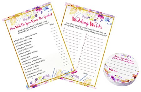 3 Pack | 2 Bridal Shower Games and Advice Cards | How Well Do You Know The Bride Bridal Shower Game (50 Sheets) | Wedding Words game (50 Sheets) | Well Wishes and Wedding advice cards - 50 Count