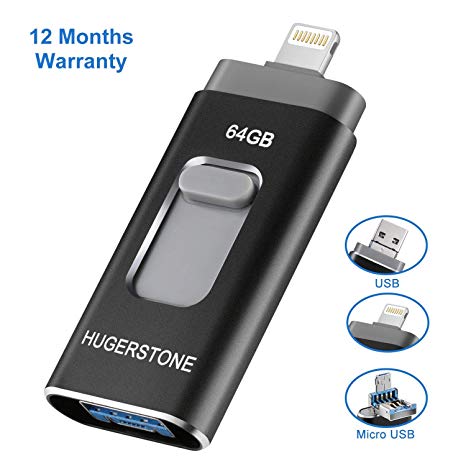 Memory Stick For iPhone 64GB, HUGERSTONE IOS Flash Drive, 3-in-1 OTG USB Encrypted Pen Drive Compact Wireless External Storage for IOS Android Computers Black