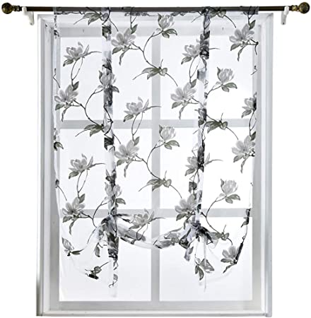 NAPEARL Polyester Floral Tie Up Balloon Sheer Curtain Rod Pocket (42" Wx63 L, Gray)