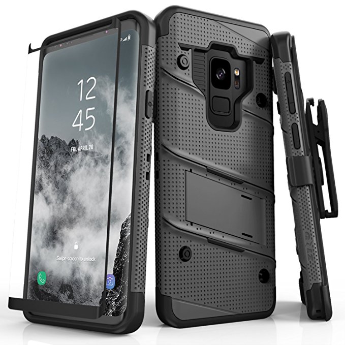 Zizo Bolt Series Samsung Galaxy S9 Case - Full Curved Glass Screen Protector with Holster and 12ft Military Grade Drop Tested (Gun Metal Gray)