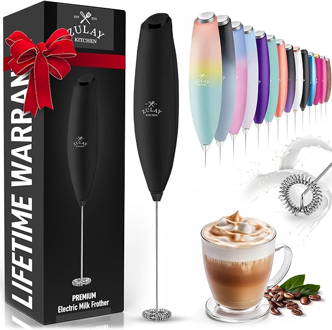 Zulay Powerful Milk Frother for Coffee with Powerful Motor - Handheld Frother Electric Whisk, Milk Foamer, Mini Mixer & Coffee Blender Frother for Matcha, No Stand - Exec Black, Black Button