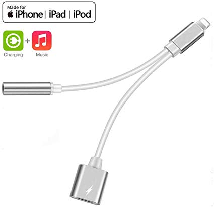 Headphone Adapter 3.5mm Aux Charger Compatible for iPhone 8/8Plus iPhoneXR iPhone X/10 iPhone Xs/XSmax, 2 in 1 Earphone Audio Connector Jack Accessories, Suppor for iOS 11-12 System (Silver)