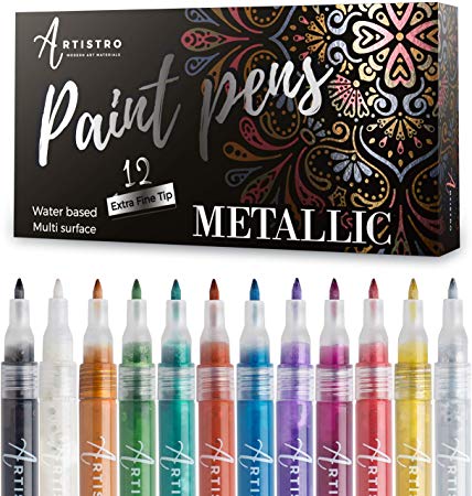 Metallic Paint Pens for Rock Painting, Stone, Ceramic, Glass, Wood, Fabric, Scrapbook Journals, Photo Albums, Card Stocks Set of 12 Acrylic Paint Markers Extra-Fine Tip 0.7mm