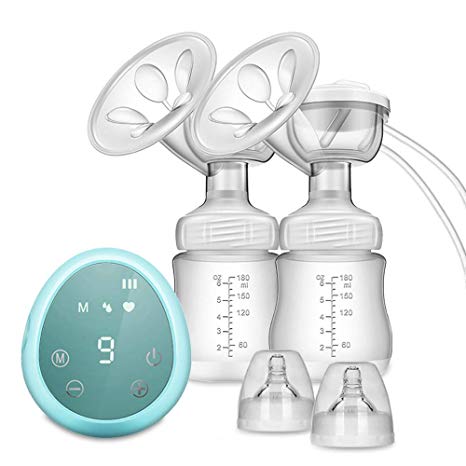 SURPCOS Double Electric Breast Pump, Pain Free Strong Suction Power Full Touchscreen LED Display & BPA Free & 100% Food Grade Silicone & New Upgrade Gift Dust Cover Dual Suction Breastfeeding (Blue)