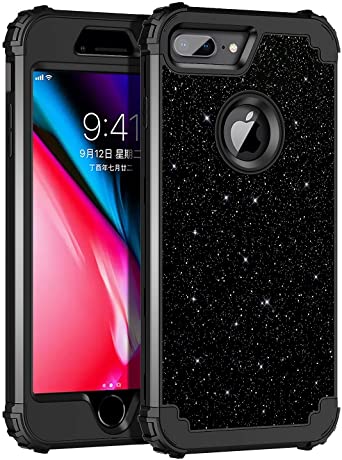 Lontect for iPhone 8 Plus Case, iPhone 7 Plus Case Glitter Sparkle Bling 3 in 1 Heavy Duty Hybrid Sturdy High Impact Shockproof Cover Case for Apple iPhone 8 Plus/7 Plus 5.5 inch, Black