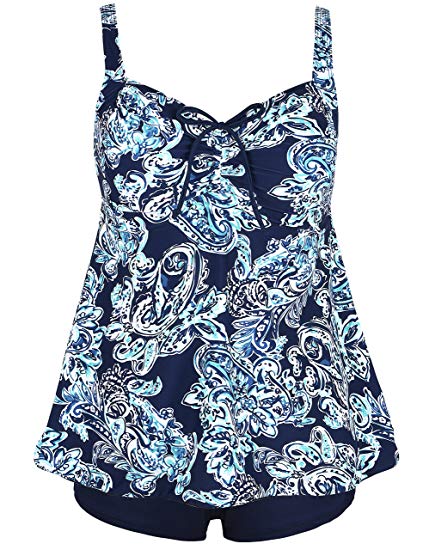 Hilor Women's Plus Size Floral Halter Tankini Set Two Piece Swimsuit