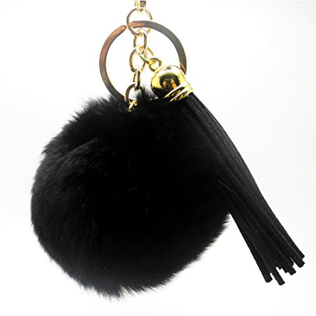 Fashion 8cm Black Cute Fluffy Rex Rabbit Fur pom pom with tassel keychain fur ball bag pendant