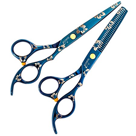 Shacos 304 Stainless Steel Flat Blade Scissors Teeth Thinning Scissors Set Professional Barber Hair Cutting Shears for Salon Styling (Hair Scissor Set, Blue Cherry)