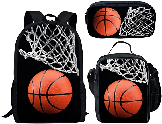 Dellukee Middle School Backpack Set For Boys Fashion Lunch Bag Pencil Bags Book Bag Basketball Print