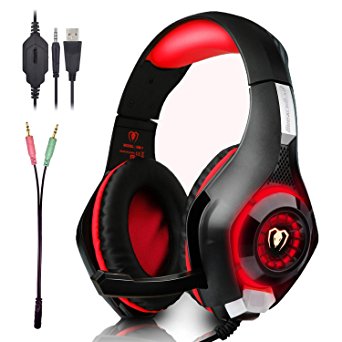 Beexcellent Gaming Headset GM-1 with Microphone for New Xbox 1 PC PS4 Cellphone Laptops Computer - Surround Sound, Noise Reduction Game Earphone-Easy Volume Control with LED Lighting 3.5MM Jack(Red)