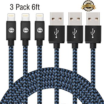 iPhone Cable SGIN,3Pack 6FT Nylon Braided Cord Lightning to USB iPhone Charging Charger for iPhone 7,7 Plus,6S,6 Plus,SE,5S,5,iPad,iPod Nano 7(Black Blue)