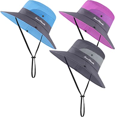 Cooraby 3 Pack Sun Hat Ponytail Wide Brim Adjustable Chin Strap Foldable Mesh Beach Hat for Hiking and Fishing