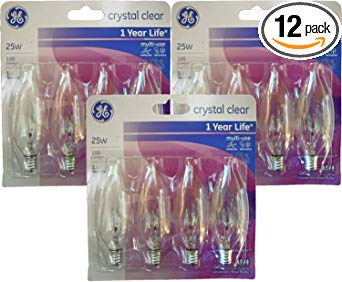 GE 25 Watt Crystal Clear Decorative Bent Tip Light Bulbs, Candelabra Base (12 Bulbs)