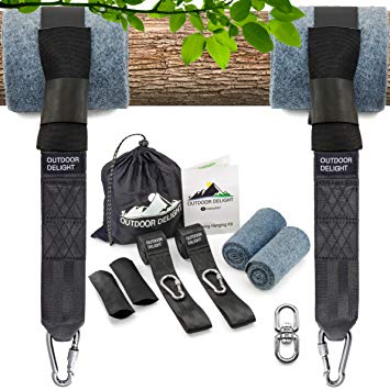 Outdoor Delight Tree Swing Straps Hanging Kit Extra Long 10ft with Tree Protectors & Protective Sleeves (Set of 2) – Heavy-Duty Screw Lock Carabiners – Bonus Swivel – Picture Instructions – Carry Bag