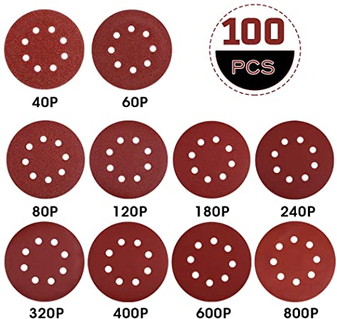 Rovtop 100 PCS Sanding Discs - Sandpaper 5 Inch 8 Hole Hook and Loop Sanding Discs 10 Different Grades 40,60, 80,120,180,240,320,400,600,800 Grits for Random Orbital Sander