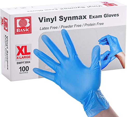 Basic Disposable Vinyl Exam Gloves 100Pcs,XL Size,Cleaning Gloves,Food Service Gloves,Powder Free,Latex Free,Non-Sterile for All Purposes Gloves,Blue (BMPF3004B)