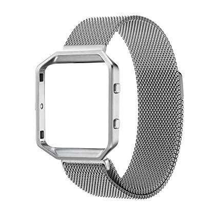 Fitbit Blaze Accessory Band,Large(6.3-9.1 in),Oitom Frame Housing Milanese loop stainless steel Bracelet Strap for Fitbit Blaze Smart Fitness Watch (Silver Frame Loop)